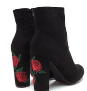 Black Suede Rose Floral Embroidered Mid-Calf Boots