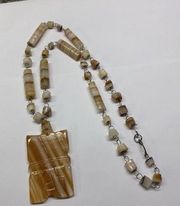 Tan / Neutral Stone Resin ? Beaded Carved Handmade Costume Jewelry Necklace