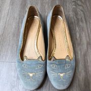 Charlotte Olympia Women's Baby Blue Embroidered Vamp Kitty Flats size 36.5/US 5