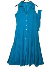 Coldwater Creek Size 10 Blue Linen Sleeveless Dress Button Front Sash Collar