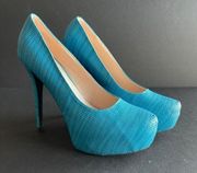 DE BLOSSOM COLLECTION | Teal Faux Leather Woven Texture Platform Heels Sz 10