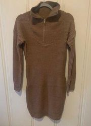 Brown Taupe Ribbed Knit Funnel Neck Sweater Dress