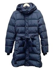 J. Crew Longline Belted Channel Belted Puffer Coat Navy Hooded Parka Size XL