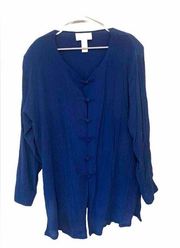 Vintage Jonathan Martin Padded Shoulder Blue Long Sleeve Silk Tunic Size 1X 80s