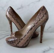 OSCAR DE LA RENTA Snake Print Leather Peeptoe Heels Size 37/7