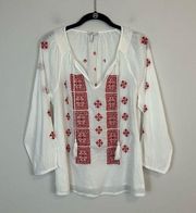 Joie | White and Red Embroidered Tie Neck Tassel Tunic Size Small
