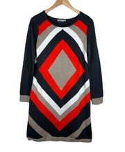 Eliza J gray red rib knit geometric chevron colorblock print sweater dress