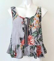 NEW NWT PATRONS OF PEACE Gray Coral Tropical Hawaiian Floral Peplum Crop Top XS