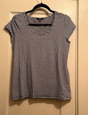 | Navy & White Striped Nautical Inspired Shirt w/ Roping at Collar Large