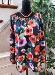 Womens Black Floral Polyester Long Sleeve Round Neck Drawstring Blouse 18/20W