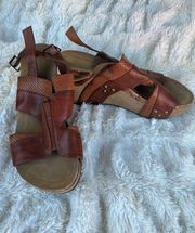 Brown Tan Leather Wedge Platform Sandals