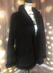 shearling fur lined coat jacket black rare faux fur zipper womens