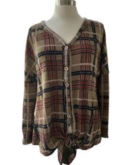 Button down tie front knit blouse long sleeve V-neckline striped size medium