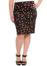 Tripp NYC Cherry Print Stretch Pencil Skirt Black Red Rockabilly Women’s Size 16