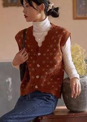 Korean Vintage Floral Knitted Button Sweater Vest - Burgundy