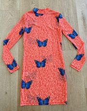 Beginning Boutique  Butterfly Long Sleeve Mesh Mini Dress in Orange and Blue