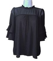 Monteau Black Chiffon Ruffle 3/4 Sleeve Top Women's Size Medium