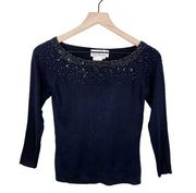 Vintage 90s Y2K Joseph A 100% Silk Black Beaded Sequin Sweater Top Size Small