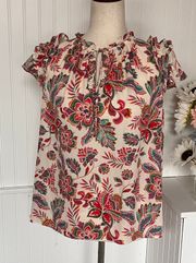 Rose Olive Boho Floral Peasant Blouse Short Ruffle Sleeves 