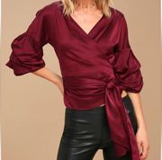 Burgundy Sheer Wrap Top Sz M Tiered Statements Sleeves elastic cuffs