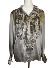 silver gray silk button down long sleeve blouse size 8