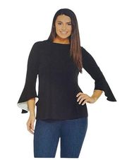 NWOT Susan Graver Liquid Knit Bell Sleeve Top with Pop Lining Black Size Small