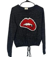 Free Kisses Black Long Sleeve Sequin Lips Adjustable Waist Sweatshirt Women Sz M