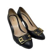Fendi Womens Size 36.5 FF Buckle Pumps Heel Black Gold Leather Round Toe Slip On