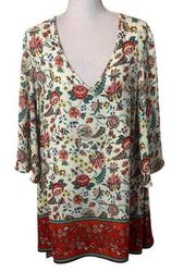 Rose + Olive Floral V Neck Top Sz 1X