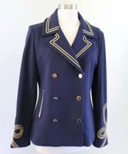 Navy Blue Embroidered Double-Breasted Blazer Jacket Gold Buttons L