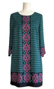 Crown & Ivy Dress Shift 3/4 Sleeve Geo Elephant Print Navy Turquoise Pink Size 8