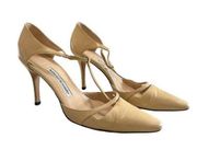 Manolo blahnik women's vintage beige t-strap pointed heels size 38.5