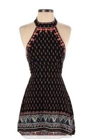 LF Millau Choker Tribal Boho Embroidered Halter Mini Dress Black Orange Medium