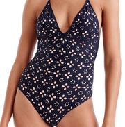 J CREW Navy Blue Beige Eyelet Cutout One-Piece Swimsuit Size 4