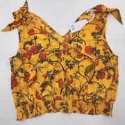 Rose + Olive Womens Size Large Sleeveless V-Neck Yellow Floral Bird Print Blouse