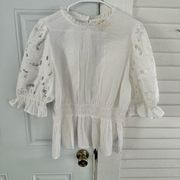 Universal Thread White Peplum Blouse Eyelet Lace Puff Sleeves Size Large Cotton