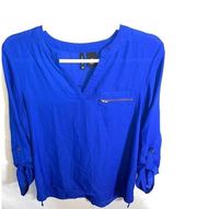 New Direction Fashion Tunic Women’s Size Medium Blue Zip Pocket Button Sleeve