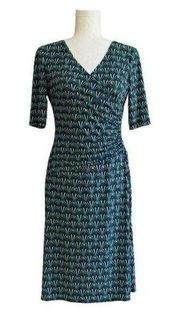 Evan Picone Dress Teal Green Purple Print Short Sleeve Faux Wrap Ruched Size 4