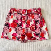 Red Pink White Floral Belted High Rise Shorts Size 6