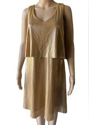 Shiny Gold Metallic Swing Dress with Top Ruffle She + Sky Women’s Size L