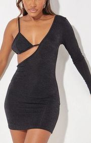 PrettyLittleThing Black Textured Slinky One Shoulder Bralette Bodycon Dress