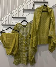 Indian kurta 3pc salwar kameez Embroidery Printed dress size M Color Olive GreeN