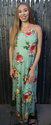 Floral Sleeveless Maxi Dress in Green - Small Red Yellow Flowers Boutique