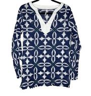 Michael Stars Navy/White Voile Tile‎ Flower Sheer V-Neck Pullover Tunic Size S