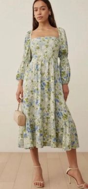 Mica Amie green and blue floral midi dress with puff sleeves