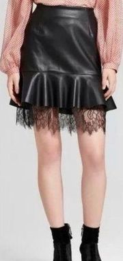 Who What Wear Black Faux Leather Mini Skirt with Ruffle Lace Hem