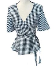 LOFT Navy & White check wrap top M