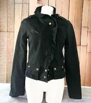 Anthropologie’s Sanctuary Ruffle Collar Denim Moto Jacket, Black Size S