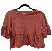 Altar'd State Women's Brown Peplum Round Neck Short Sleeve Crop Top Size Small