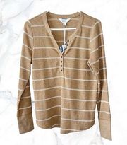 NWT Market & Spruce Khaki Waffle Knit Thermal Striped Button Front Shirt